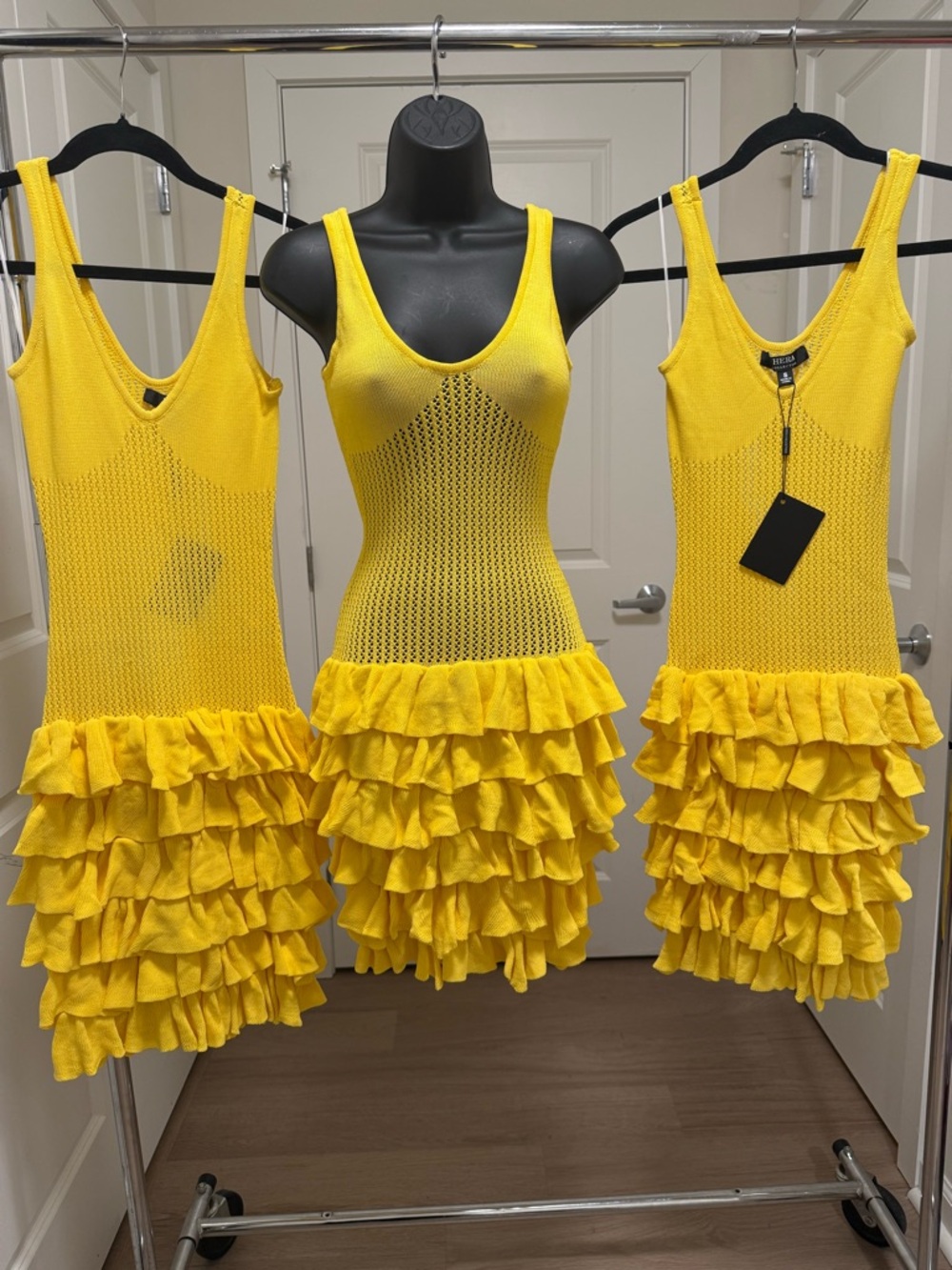 Beach Crochet Knit Ruffle Hem Sleeveless Mini Dress Yellow
